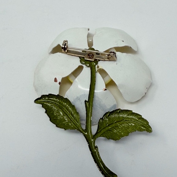 Vintage Enamel Flower Brooch White Yellow Green Metal Pin Fashion Jewelry - Picture 3 of 8